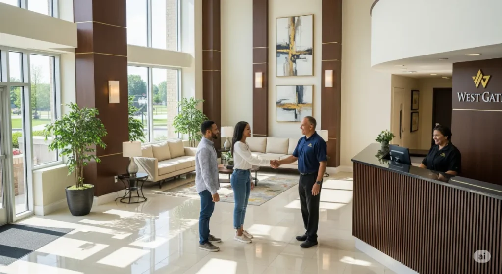 West Gate manager greeting satisfied tenants in pest-free property