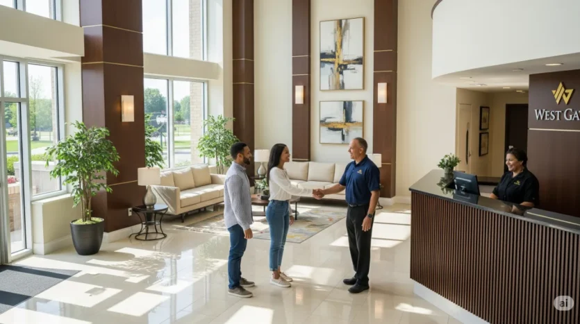 West Gate manager greeting satisfied tenants in pest-free property