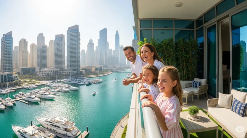 A family enjoying the world-class lifestyle and benefits of owning a property in Dubai with high rental yields.