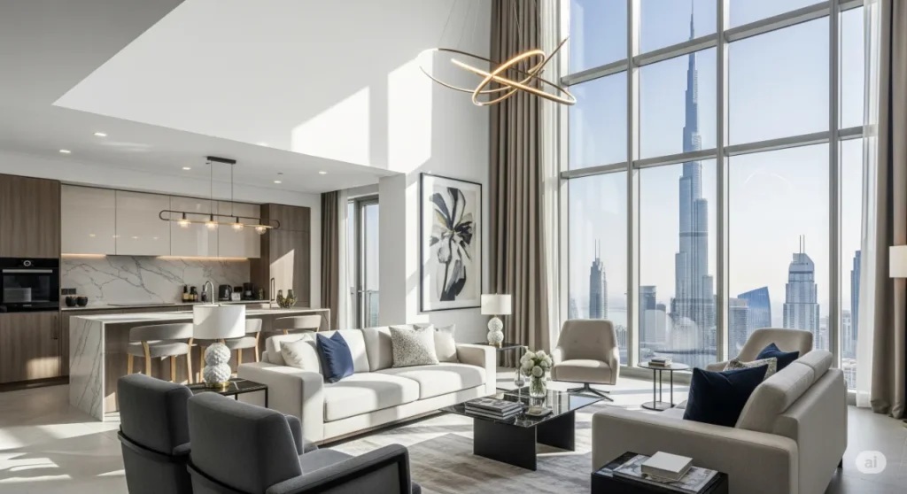 The interior of a luxury apartment in Dubai, highlighting the high rental yields and capital appreciation available in the Dubai property market.