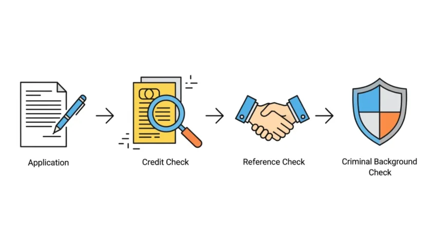 An infographic showing the key steps for a comprehensive tenant background check: application, credit, references, and security.