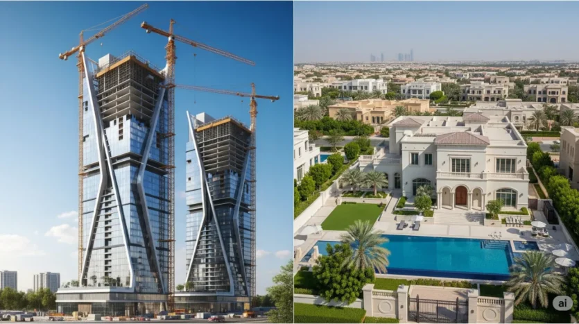 A comparison of a new off-plan building rendering and a finished ReSale villa, illustrating the key segments of the Dubai property market.