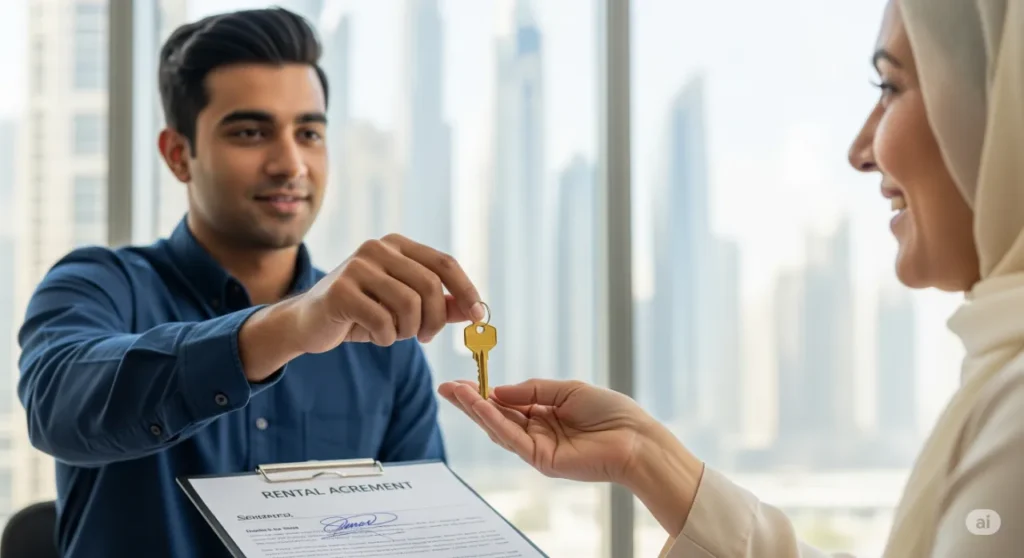 A golden key exchange symbolizing the importance of a secure tenant screening process for landlords in Dubai.