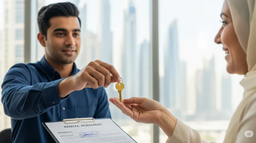 A golden key exchange symbolizing the importance of a secure tenant screening process for landlords in Dubai.