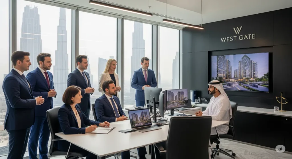International investors discussing off-plan opportunities with West Gate adviser