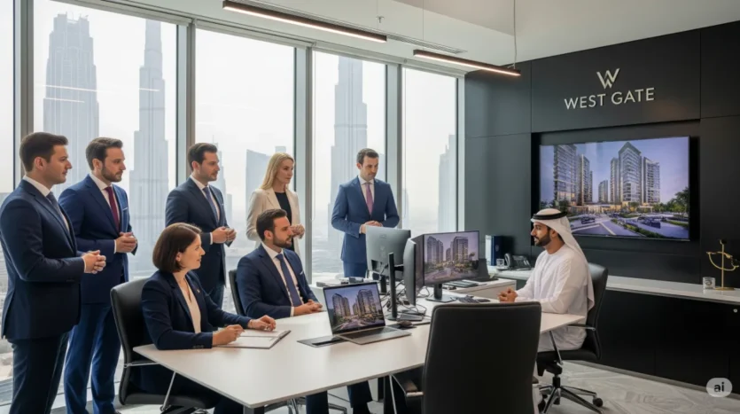 International investors discussing off-plan opportunities with West Gate adviser