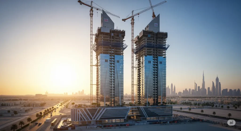 An impressive off-plan real estate project under construction, representing a prime investment opportunity for sale in Dubai.