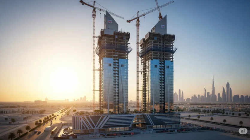 An impressive off-plan real estate project under construction, representing a prime investment opportunity for sale in Dubai.