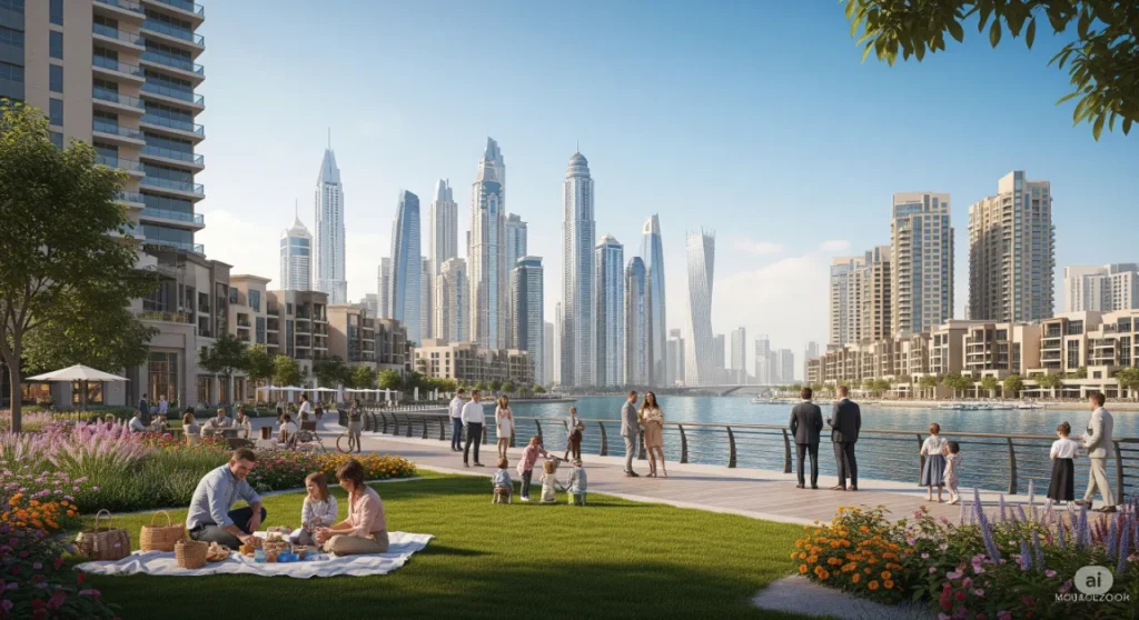A view of the modern lifestyle at Dubai Creek Harbour, a top area for off-plan property investment.