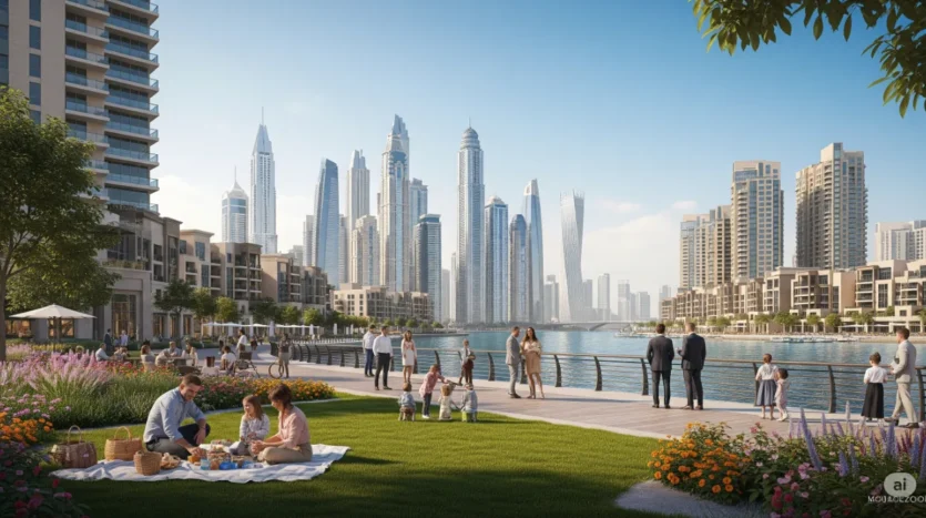 A view of the modern lifestyle at Dubai Creek Harbour, a top area for off-plan property investment.