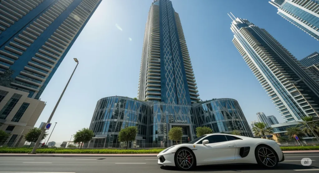A signature Emaar skyscraper, representing top real estate developers like Emaar, Sobha, and DAMAC in Dubai's prime areas.