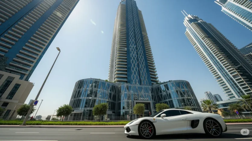 A signature Emaar skyscraper, representing top real estate developers like Emaar, Sobha, and DAMAC in Dubai's prime areas.