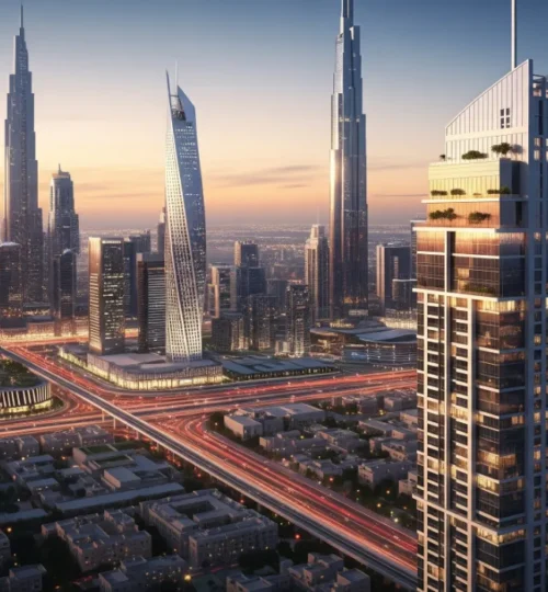 A futuristic rendering of the Dubai skyline, highlighting the booming off-plan property investments available in 2025.