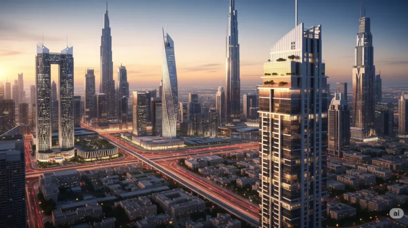 A futuristic rendering of the Dubai skyline, highlighting the booming off-plan property investments available in 2025.