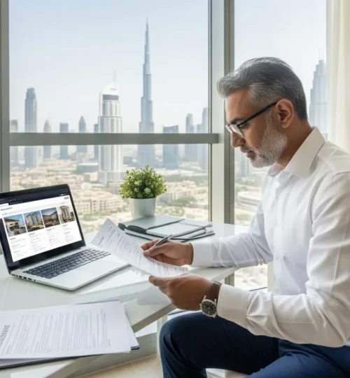 A landlord conducting a thorough tenant background check in a modern Dubai apartment, a key step in property management.