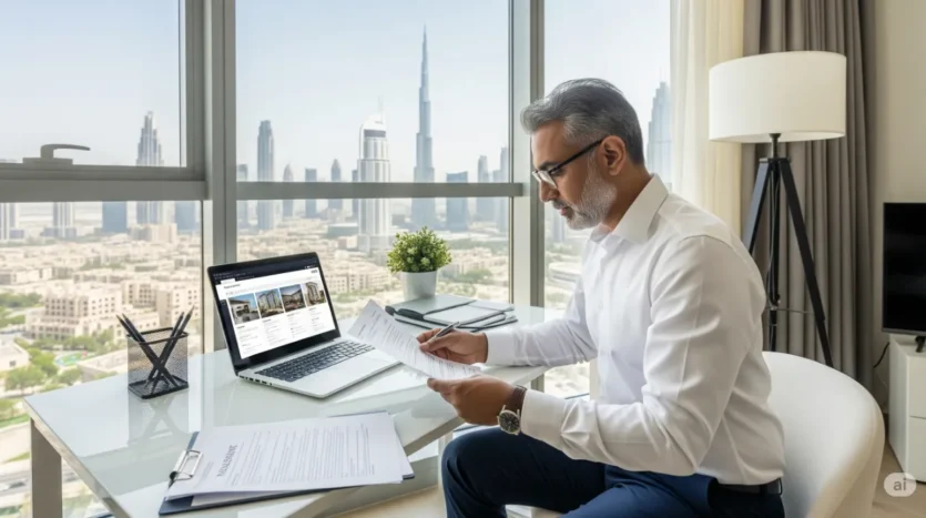 A landlord conducting a thorough tenant background check in a modern Dubai apartment, a key step in property management.