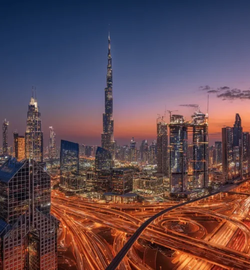 Panoramic view of the Dubai skyline at dusk, representing the booming Dubai real estate market in June 2025.