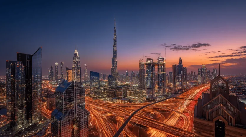 Panoramic view of the Dubai skyline at dusk, representing the booming Dubai real estate market in June 2025.