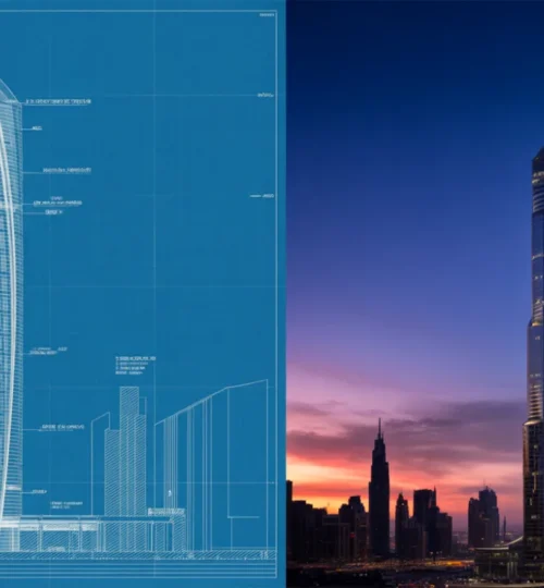Off-plan vs ready property investment in Dubai 2025, showing a blueprint and a completed building.