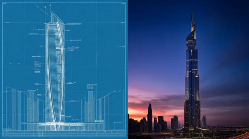 Off-plan vs ready property investment in Dubai 2025, showing a blueprint and a completed building.
