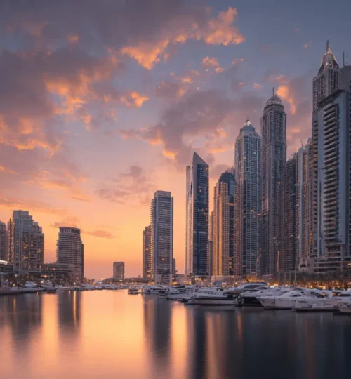 Dubai Marina skyline with shield icon representing professional pest control