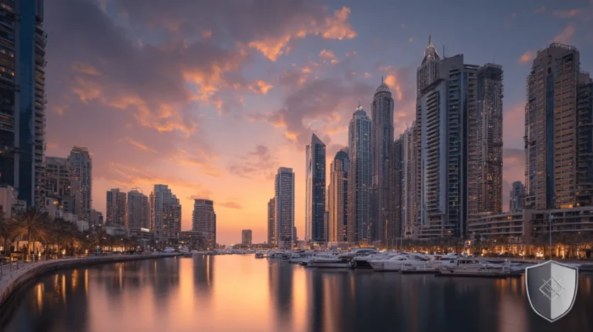 Dubai Marina skyline with shield icon representing professional pest control