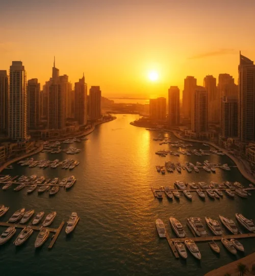 Dubai Marina and JBR at golden hour with yachts and residential towers
