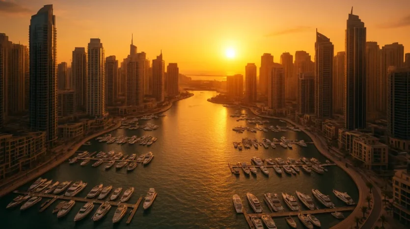 Dubai Marina and JBR at golden hour with yachts and residential towers