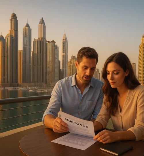Expat couple reviewing Dubai mortgage options in 2025 with Dubai Marina skyline at sunset