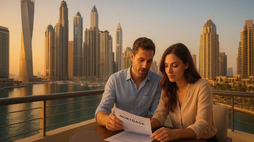 Expat couple reviewing Dubai mortgage options in 2025 with Dubai Marina skyline at sunset