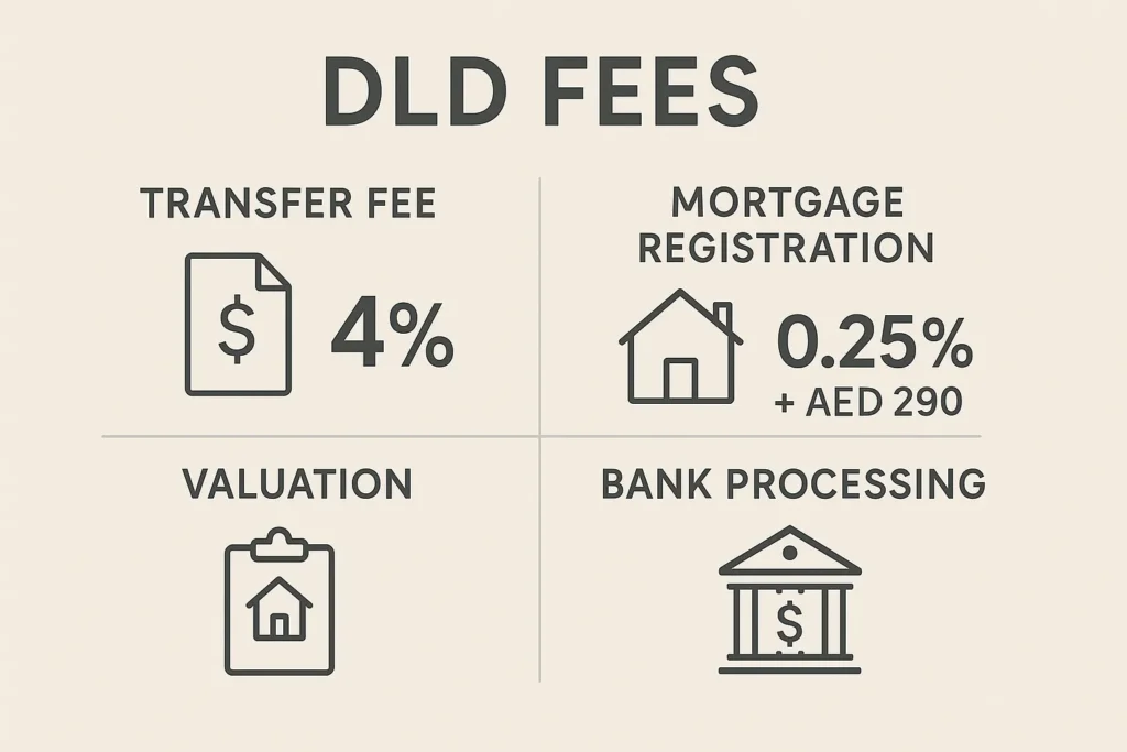Visual breakdown of Dubai Land Department and bank fees for mortgaged purchases