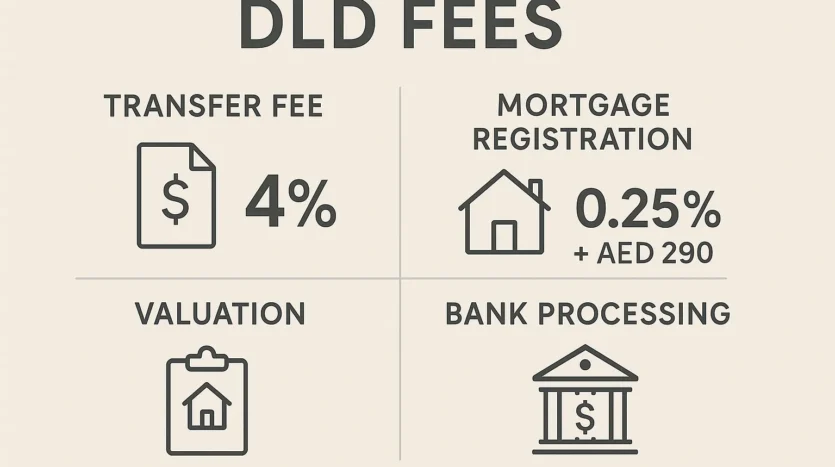 Visual breakdown of Dubai Land Department and bank fees for mortgaged purchases