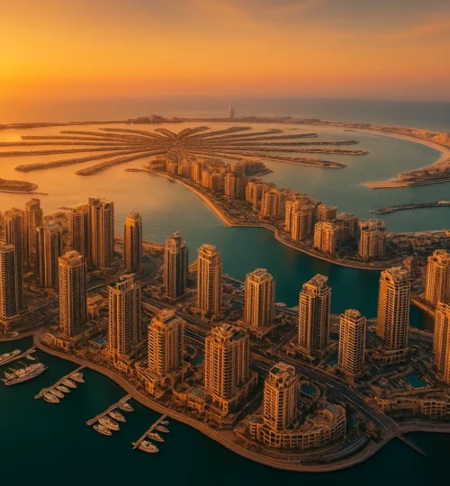 Aerial view of Dubai waterfront luxury properties at sunset, ideal for 2025 Golden Visa real estate investors