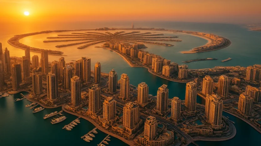 Aerial view of Dubai waterfront luxury properties at sunset, ideal for 2025 Golden Visa real estate investors