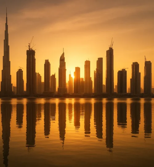 Dubai skyline at golden hour with modern off‑plan towers and water reflections
