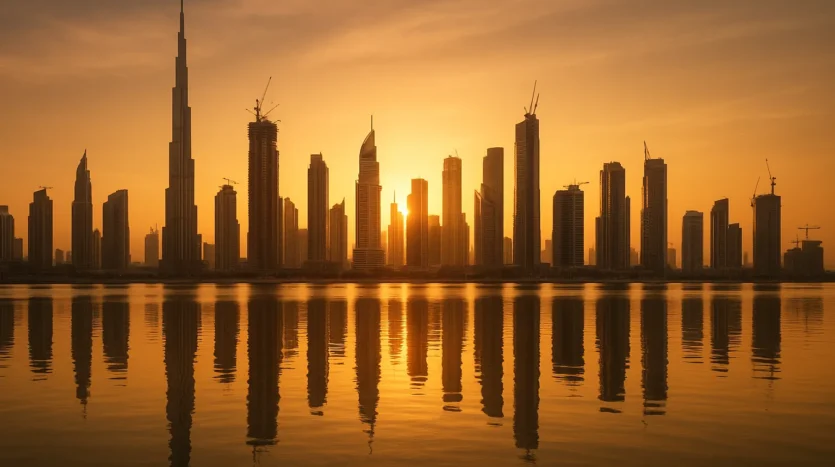 Dubai skyline at golden hour with modern off‑plan towers and water reflections