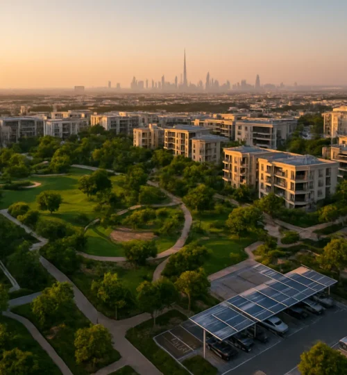 Aerial view of a Dubai green community with parks, solar rooftops, and EV charging, with the skyline in the distance.