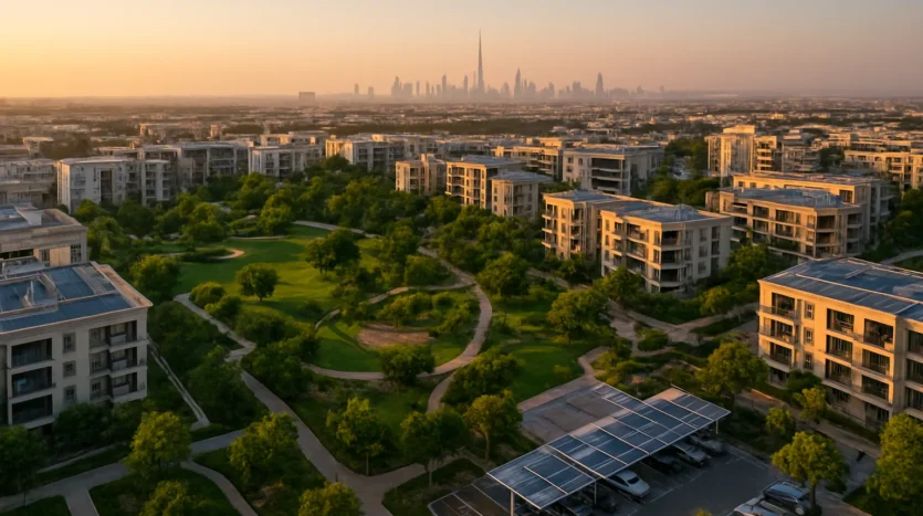 Aerial view of a Dubai green community with parks, solar rooftops, and EV charging, with the skyline in the distance.