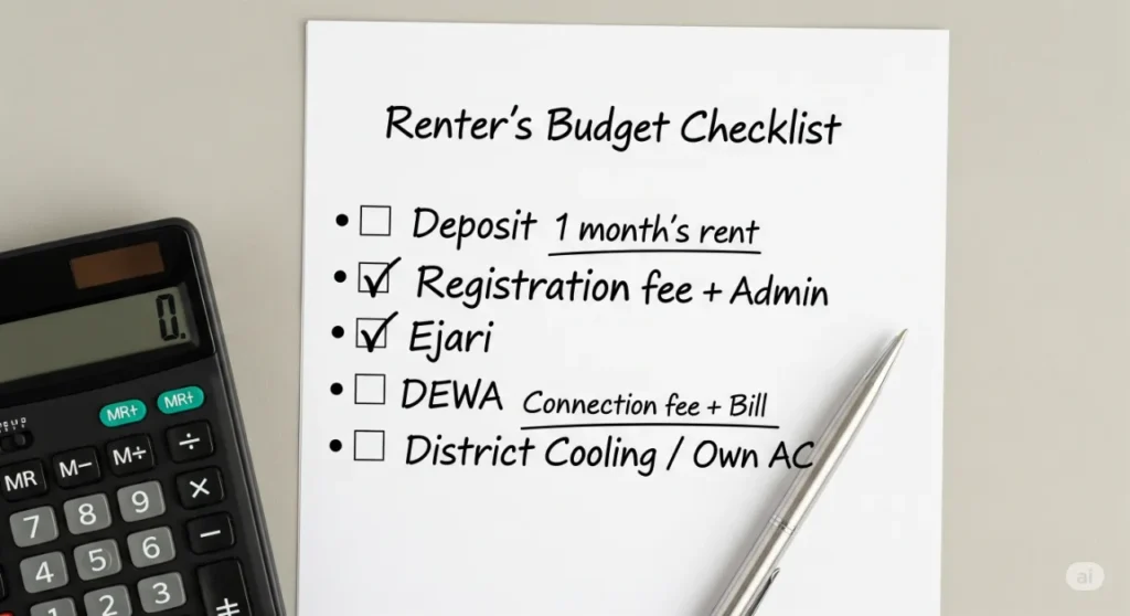 Budgeting checklist for renting in Dubai including deposit, Ejari, and utilities