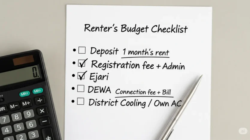Budgeting checklist for renting in Dubai including deposit, Ejari, and utilities