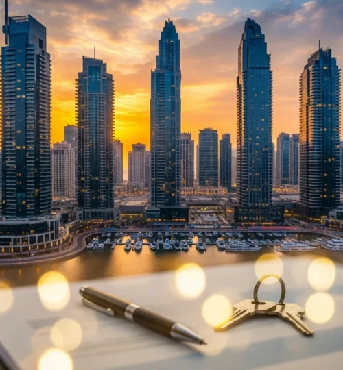 Passport and house keys on a desk with Dubai skyline in the background