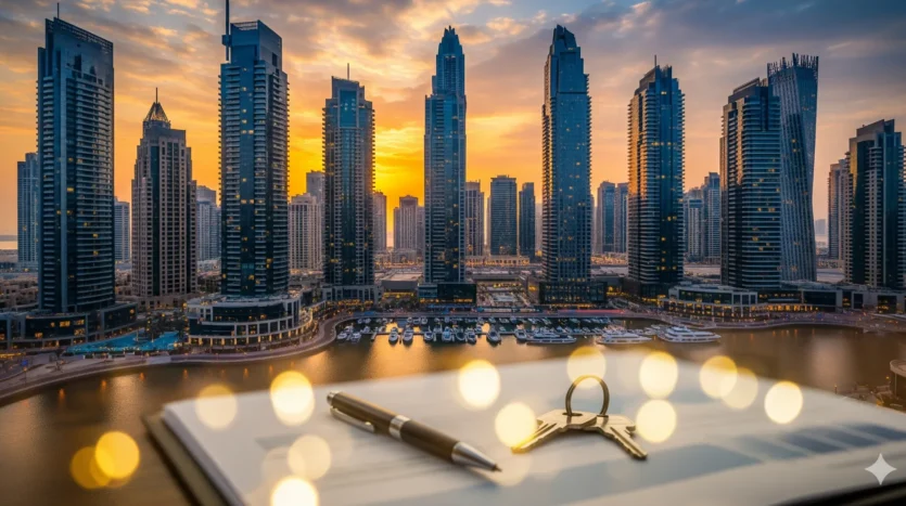 Passport and house keys on a desk with Dubai skyline in the background