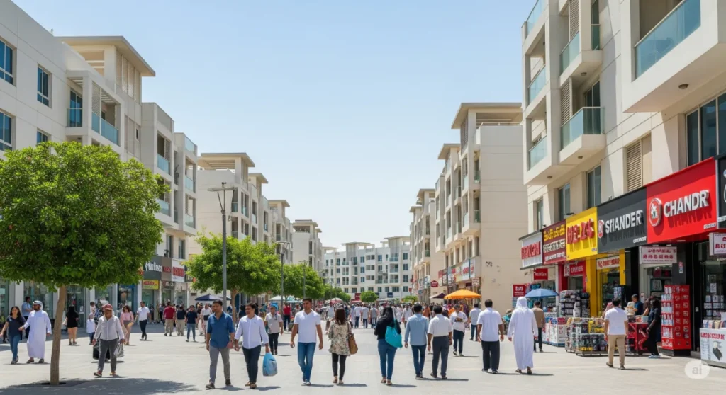 International City low-rise residences and shops, an affordable Dubai community