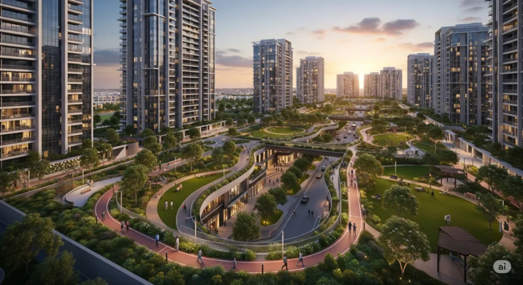 Jumeirah Village Circle towers and parks offering competitively priced apartments