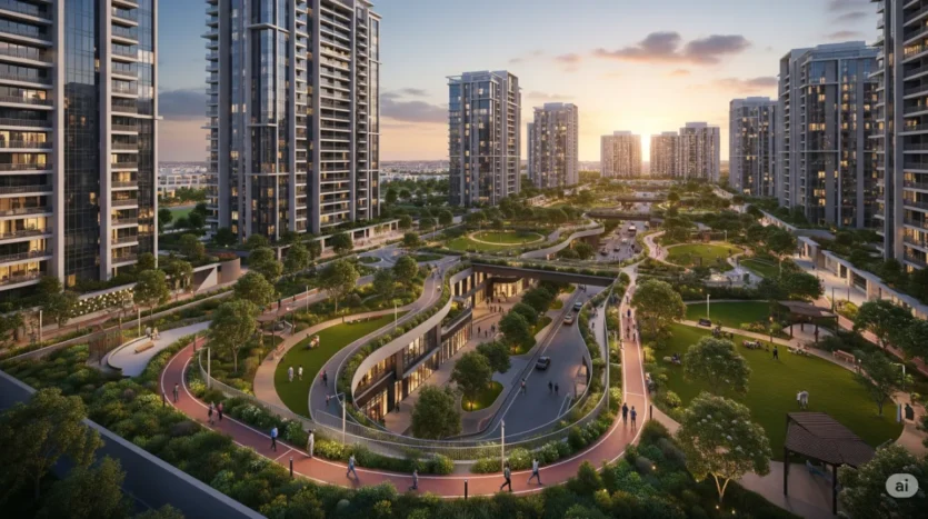 Jumeirah Village Circle towers and parks offering competitively priced apartments