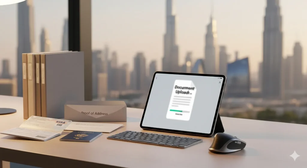 Organized set of ID, income proofs, and bank statements for a Dubai mortgage