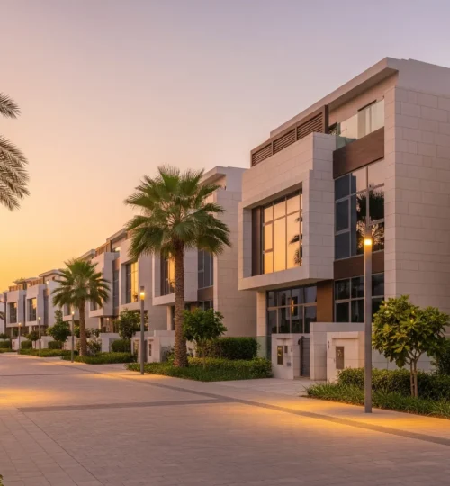 Modern townhouses on a tree-lined street in Sobha Hartland 2