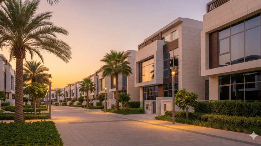 Modern townhouses on a tree-lined street in Sobha Hartland 2