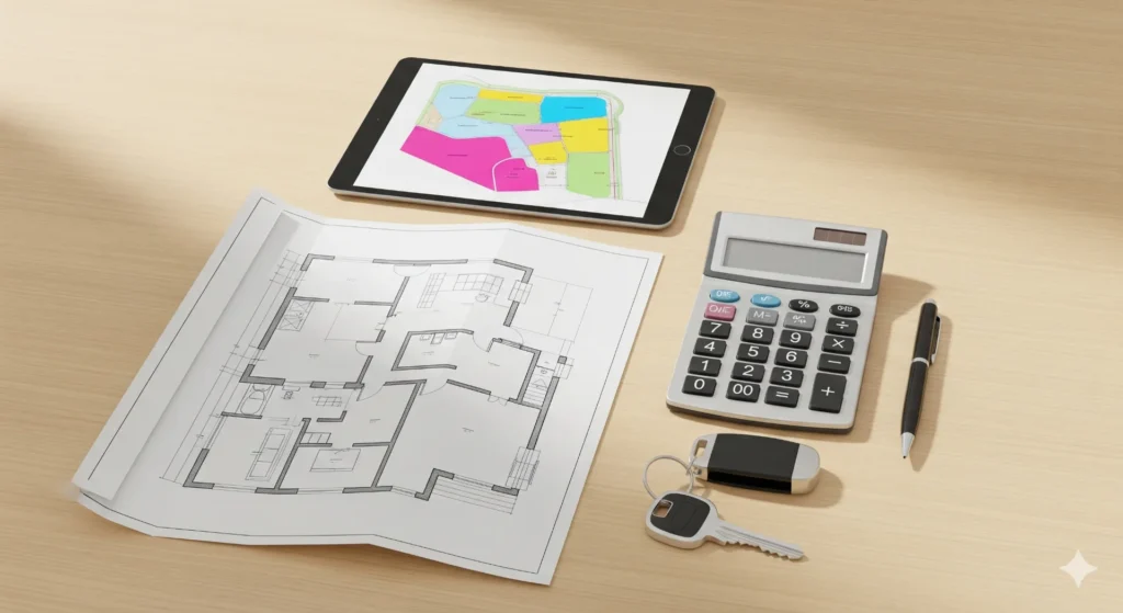 Off-plan investment checklist with floor plan, calculator and keys