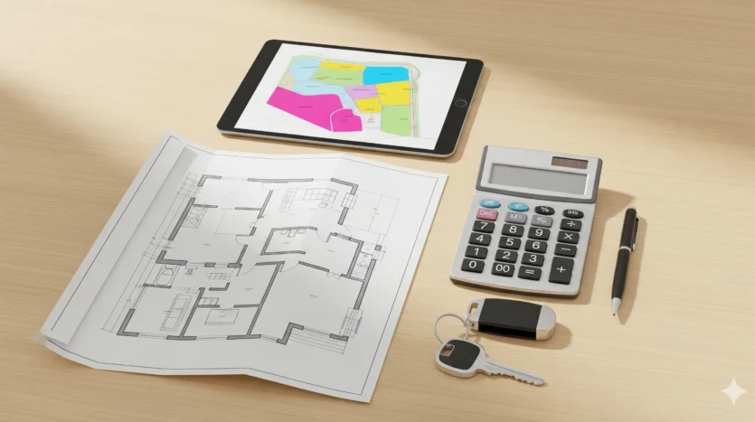 Off-plan investment checklist with floor plan, calculator and keys